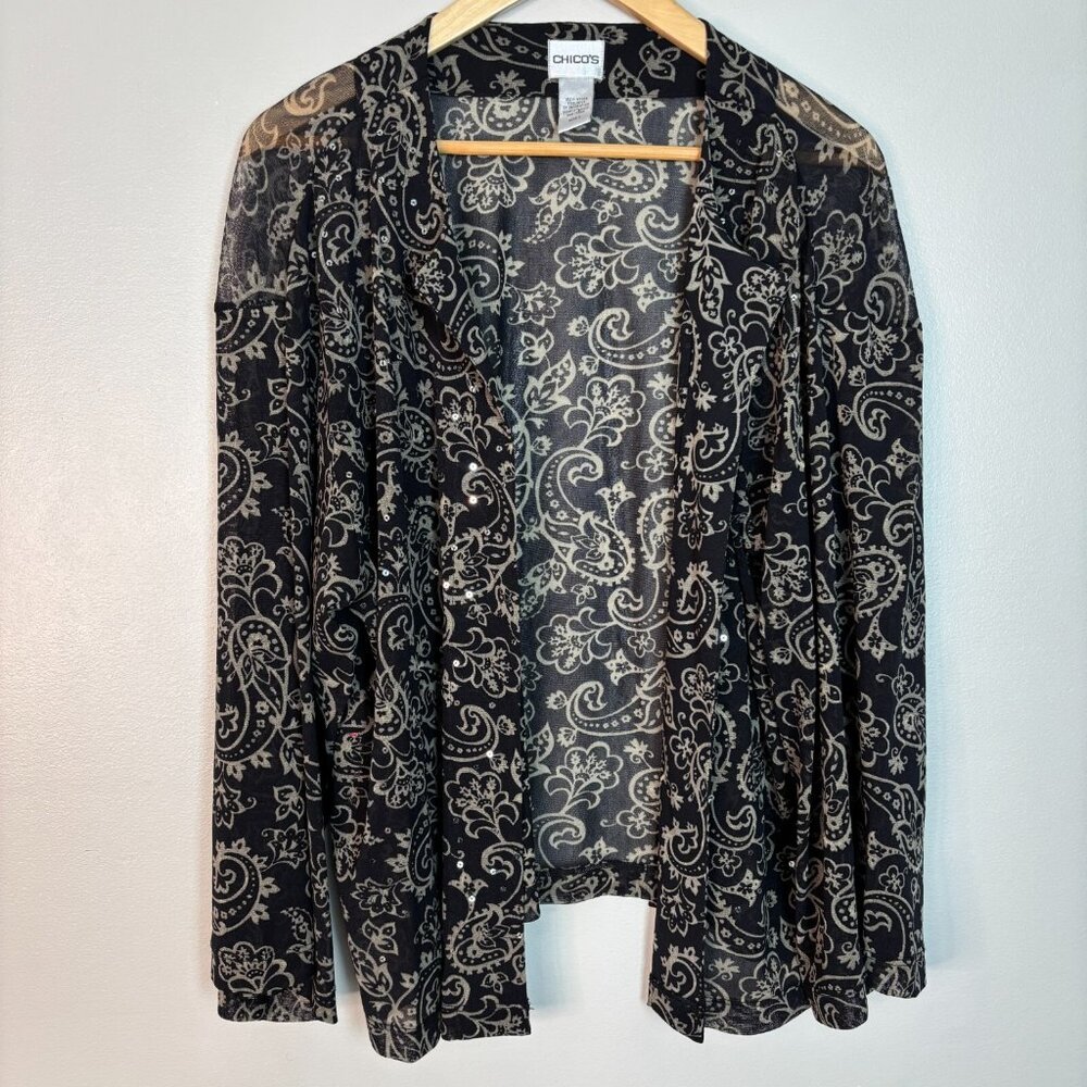 Chico's Shawl 2 Women's Large Mesh Black Beige Sequins Lightweight Wrap